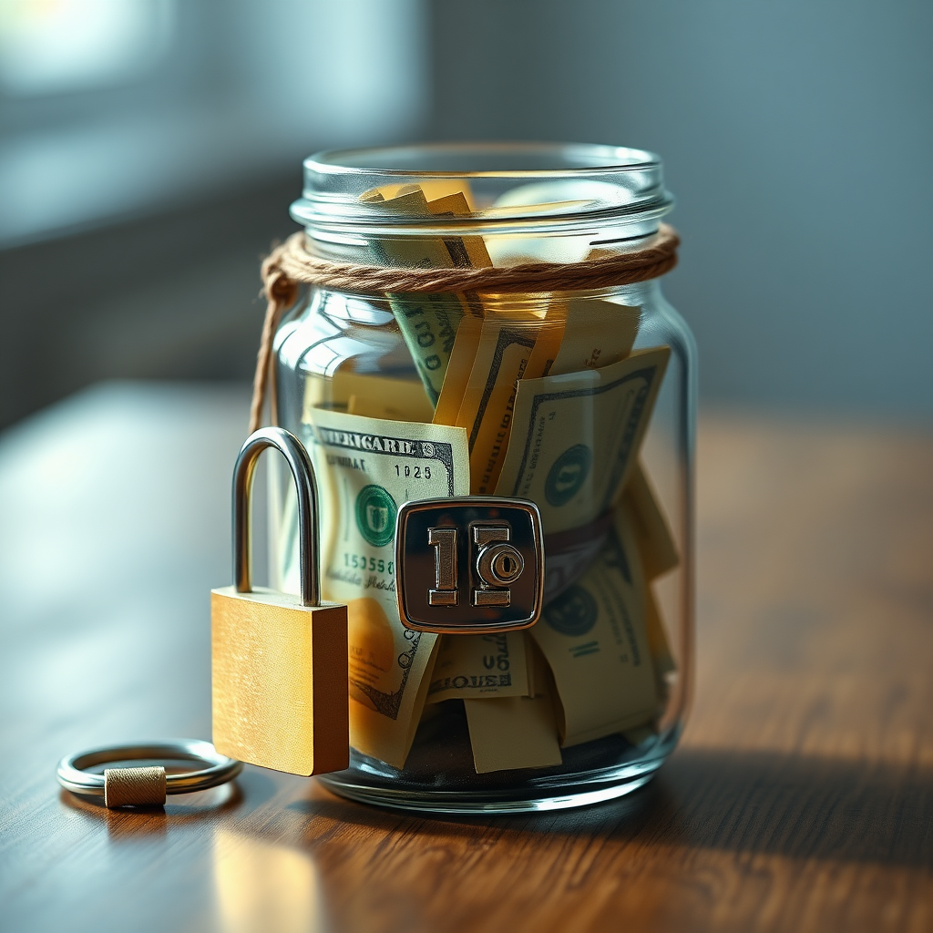 A photorealistic image of a securely locked glass jar filled with money, representing a financial emergency fund. The jar is placed on a sturdy table, symbolizing stability. A subtle padlock reinforces the feeling of security. Soft lighting highlights the cash within. Color palette utilizes gold, representing money, with a sense of security conveyed through blues and greens. Camera angle: close-up, emphasizing the jar and its contents. Style: secure, simple, and reassuring.