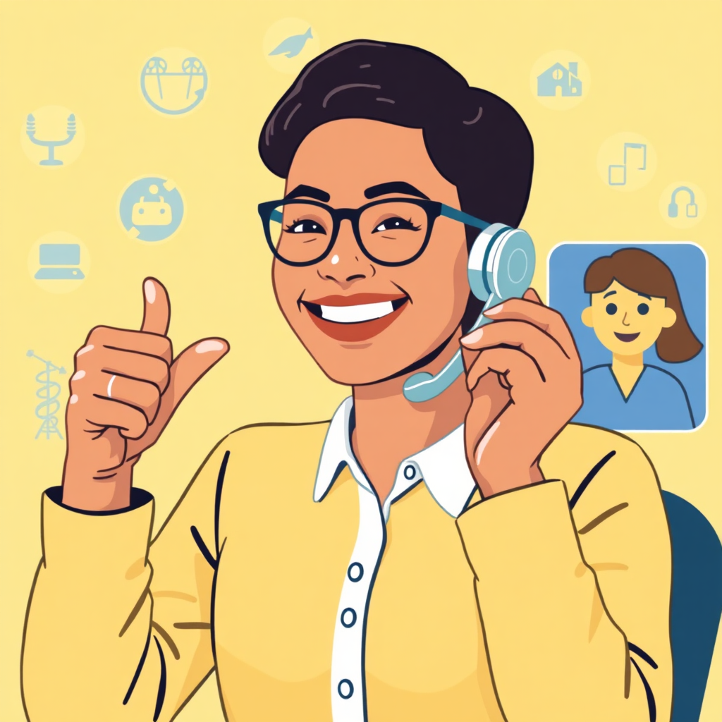 A stylized image depicting a person confidently negotiating a bill over the phone. The person is smiling and gesturing positively, while the service provider on the other end appears helpful and receptive. The background features icons representing various types of bills, such as utilities, internet, and insurance. The color palette is bright and friendly, using shades of yellow, green, and blue. Camera angle: medium shot, capturing the person's confidence and the positive interaction. Style: empowering, optimistic, and collaborative.