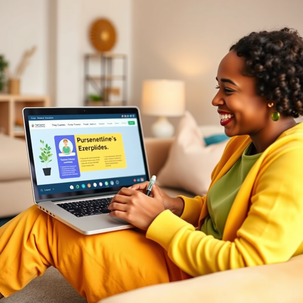 A vibrant and engaging image of a person learning about personal finance through an online course on their laptop. The laptop screen displays a colorful and informative interface with interactive elements. The person is smiling and taking notes, conveying enthusiasm and engagement. The background is a cozy home environment, with soft lighting and comfortable furniture. The color palette is bright and cheerful, using shades of yellow, orange, and green. Camera angle: medium shot, capturing the person's engagement and the details of the online course.